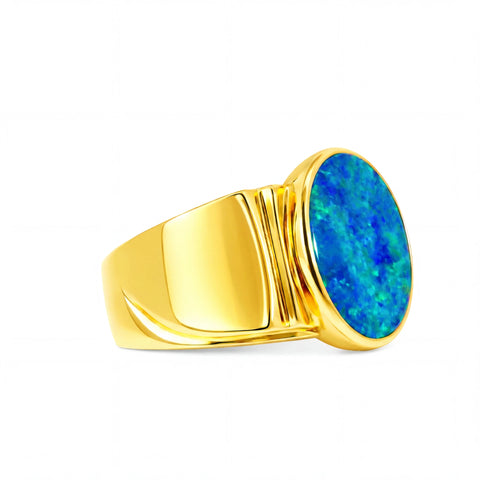 Doublet Opal Men's Ring in 14K Yellow Gold - Green-Blue - Australian Opal Cutters and Pearl Divers