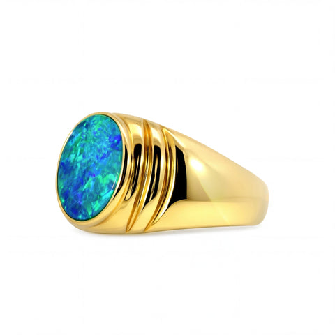 Doublet Opal Men's Ring in 14K Yellow Gold - Green-Blue - Australian Opal Cutters and Pearl Divers