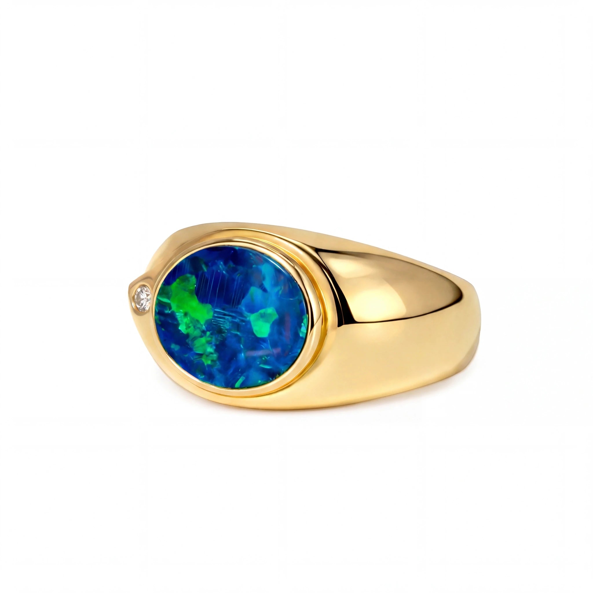 Doublet Opal Men's Ring in 14K Yellow Gold - Green-Blue - Australian Opal Cutters and Pearl Divers