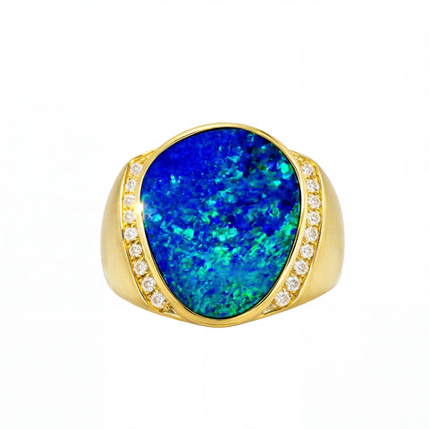 Doublet Opal Men's Ring in 14K Yellow Gold - Green-Blue - Australian Opal Cutters and Pearl Divers