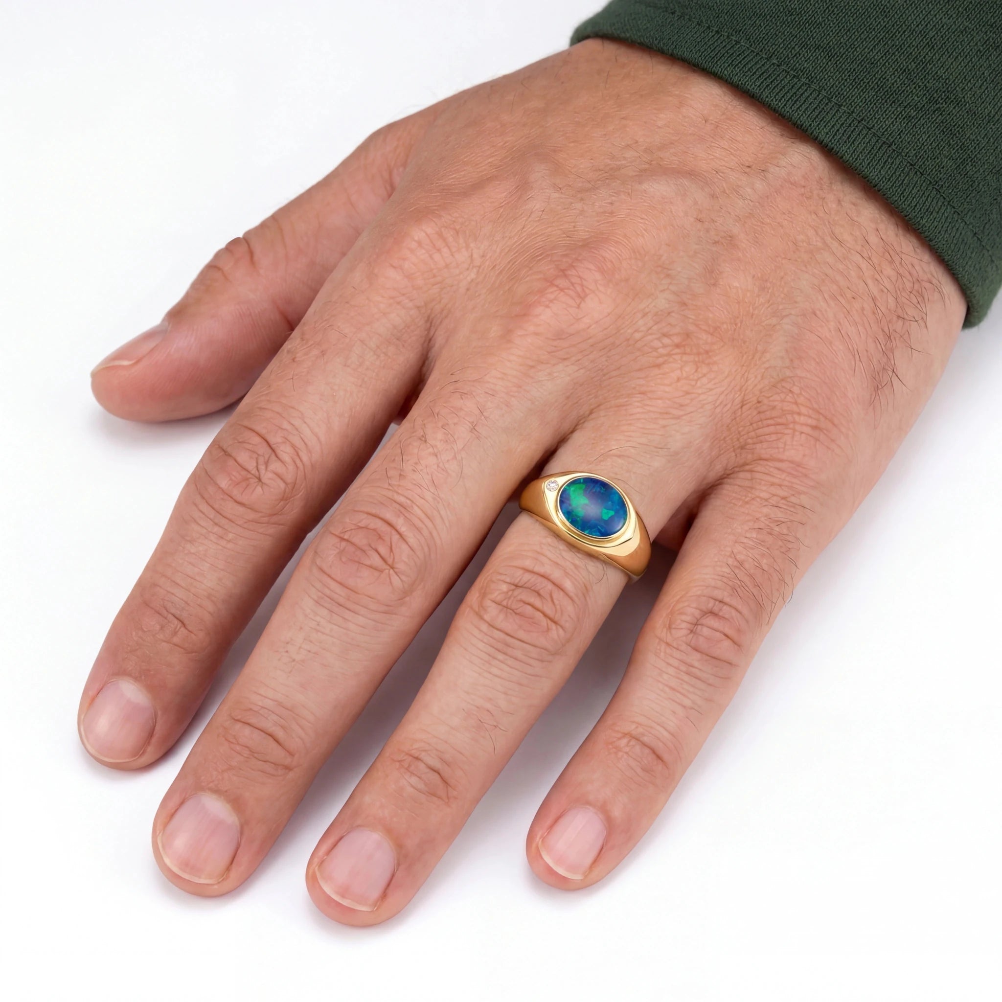Doublet Opal Men's Ring in 14K Yellow Gold - Green-Blue - Australian Opal Cutters and Pearl Divers