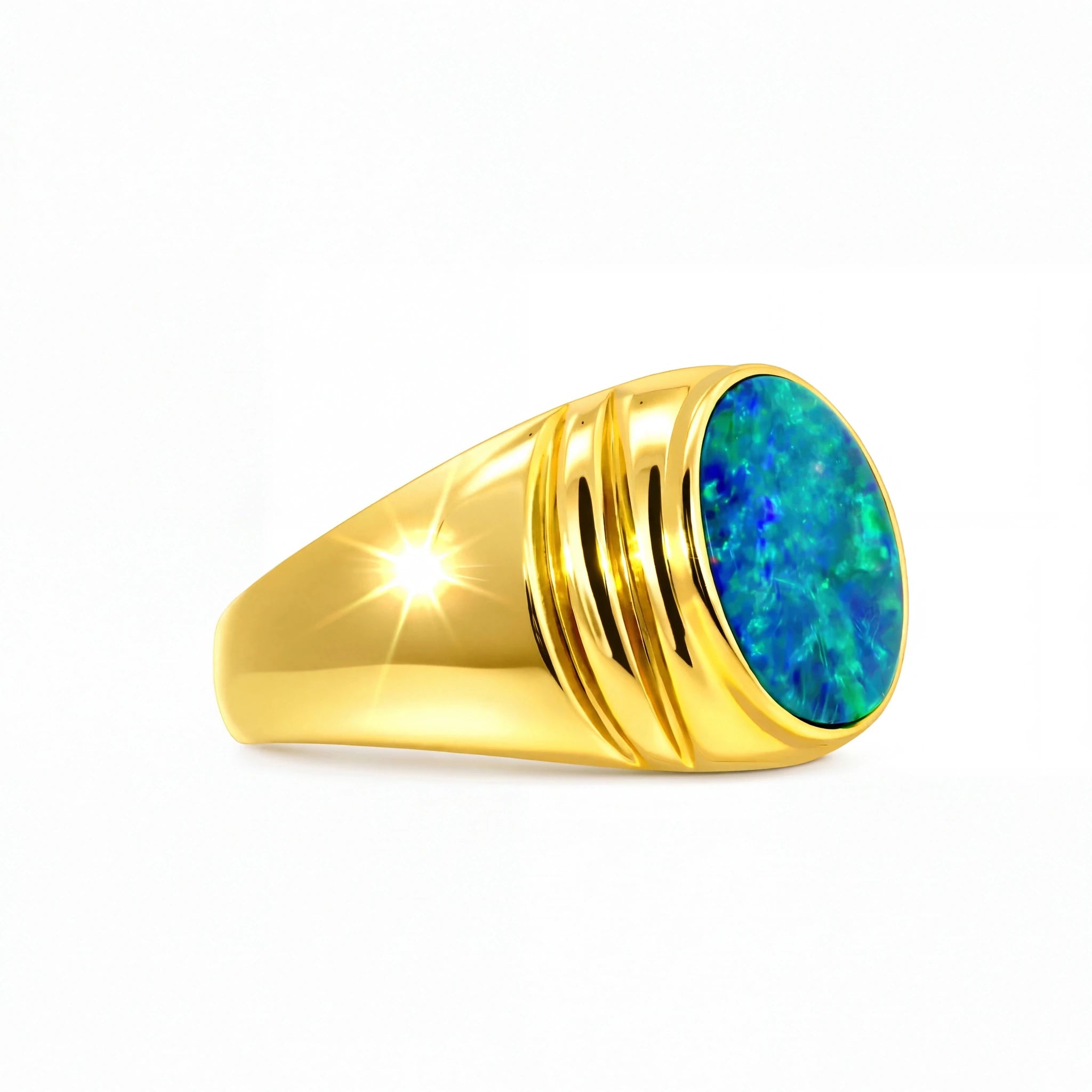 Doublet Opal Men's Ring in 14K Yellow Gold - Green-Blue - Australian Opal Cutters and Pearl Divers