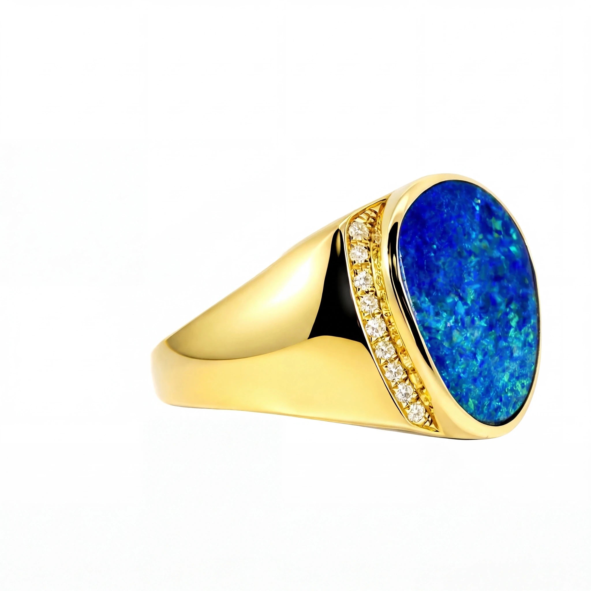 Doublet Opal Men's Ring in 14K Yellow Gold - Green-Blue - Australian Opal Cutters and Pearl Divers
