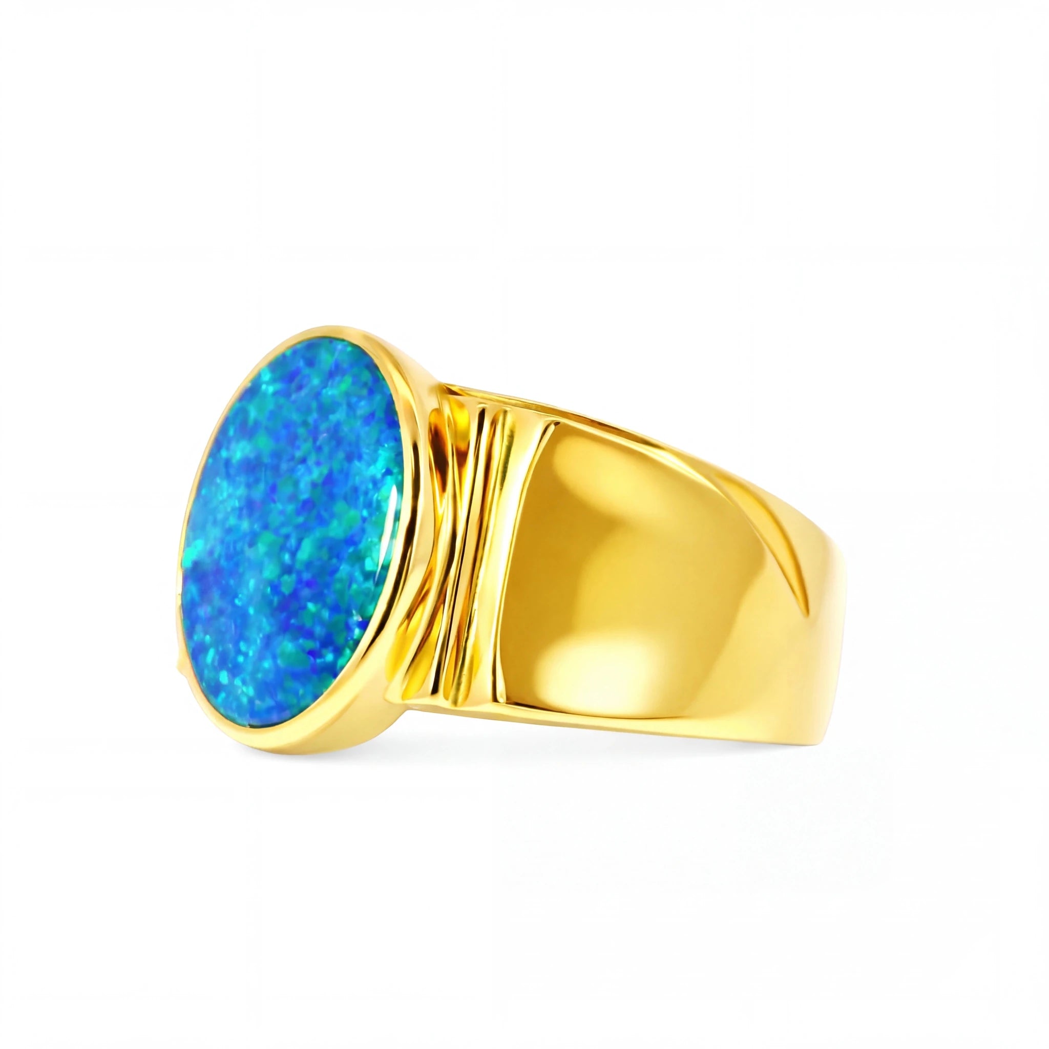 Doublet Opal Men's Ring in 14K Yellow Gold - Green-Blue - Australian Opal Cutters and Pearl Divers