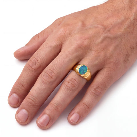 Doublet Opal Men's Ring in 14K Yellow Gold - Green-Blue - Australian Opal Cutters and Pearl Divers