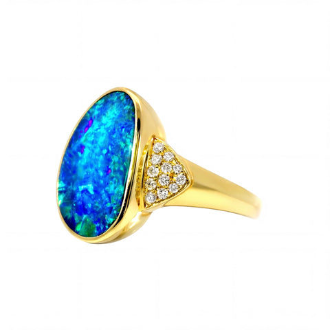 Doublet Opal Men's Ring in 14K Yellow Gold - Green-Blue - Australian Opal Cutters and Pearl Divers