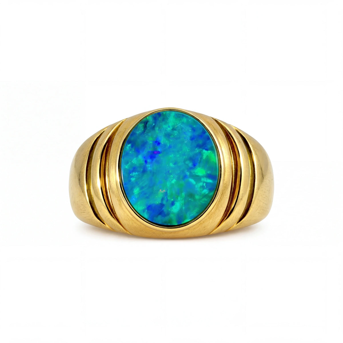 Doublet Opal Men's Ring in 14K Yellow Gold - Green-Blue - Australian Opal Cutters and Pearl Divers