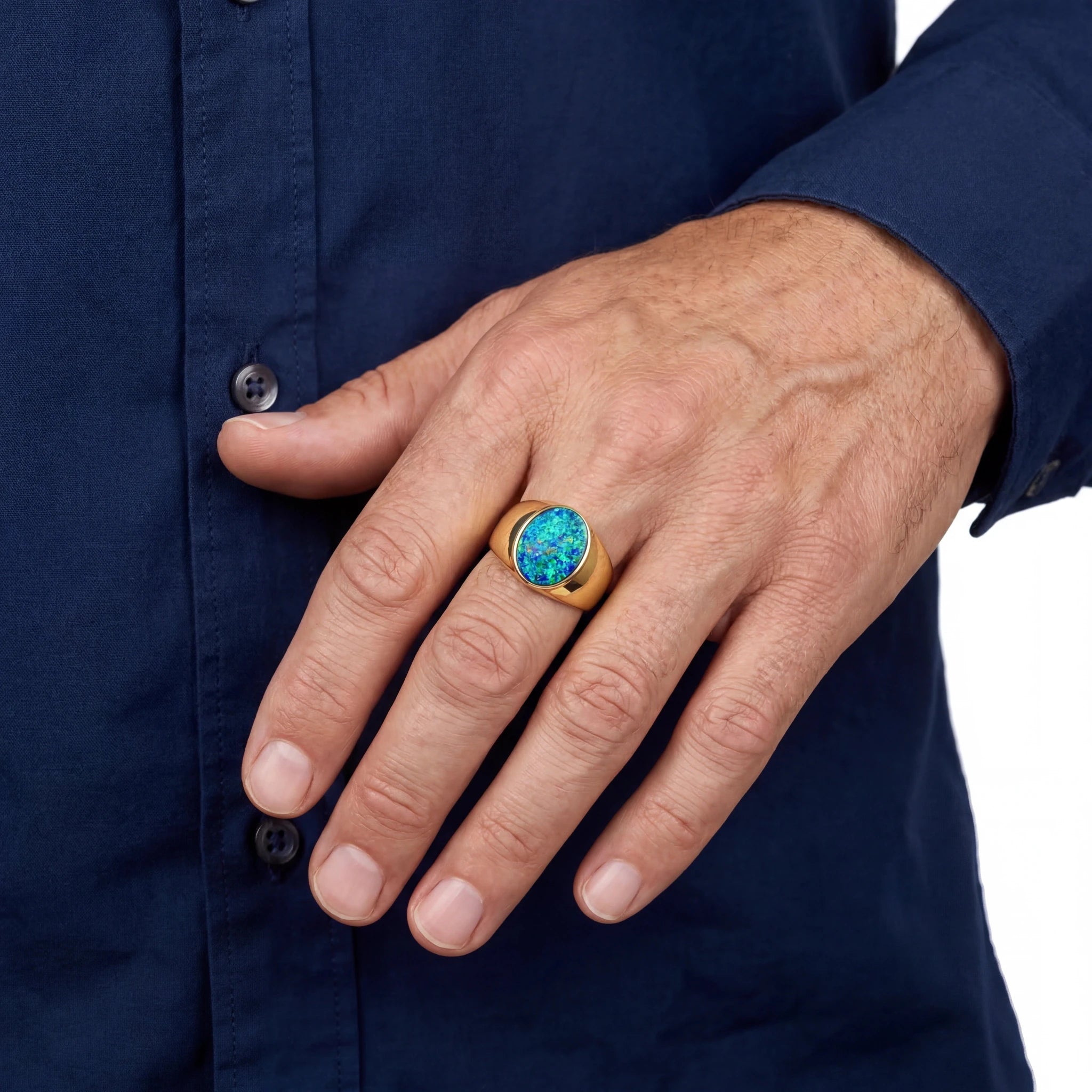 Doublet Opal Men's Ring in 14K Yellow Gold - Multicolour - Australian Opal Cutters and Pearl Divers