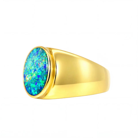 Doublet Opal Men's Ring in 14K Yellow Gold - Multicolour - Australian Opal Cutters and Pearl Divers