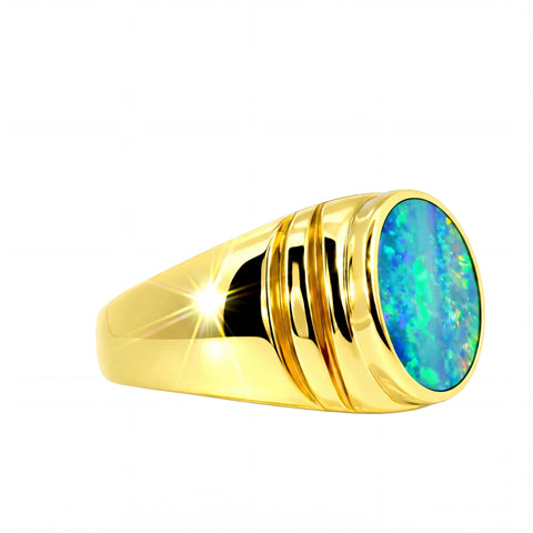 Doublet Opal Men's Ring in 14K Yellow Gold - Multicolour - Australian Opal Cutters and Pearl Divers