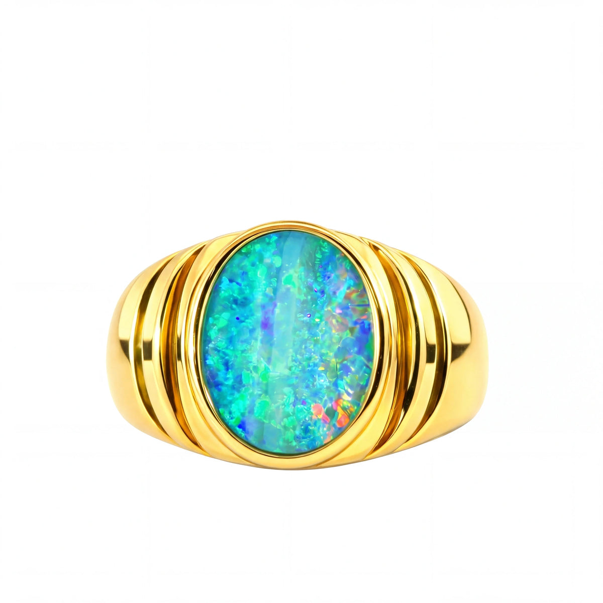Doublet Opal Men's Ring in 14K Yellow Gold - Multicolour - Australian Opal Cutters and Pearl Divers