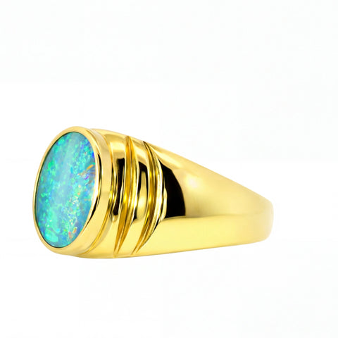Doublet Opal Men's Ring in 14K Yellow Gold - Multicolour - Australian Opal Cutters and Pearl Divers