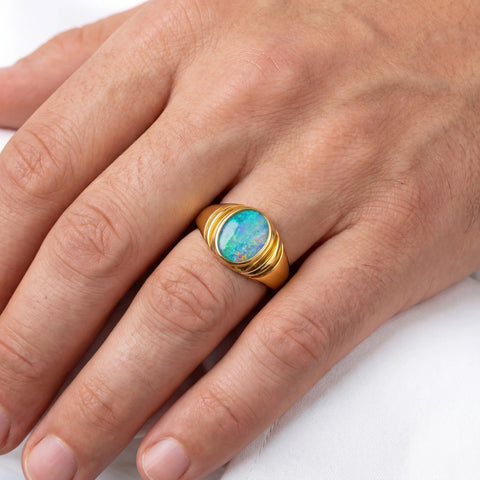 Doublet Opal Men's Ring in 14K Yellow Gold - Multicolour - Australian Opal Cutters and Pearl Divers