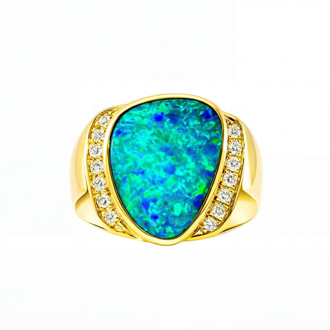 Doublet Opal Men's Ring in 14K Yellow Gold - Multicolour - Australian Opal Cutters and Pearl Divers