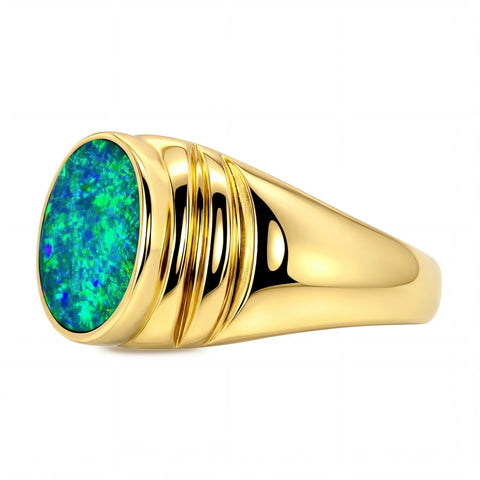 Doublet Opal Men's Ring in 14K Yellow Gold - Multicolour - Australian Opal Cutters and Pearl Divers