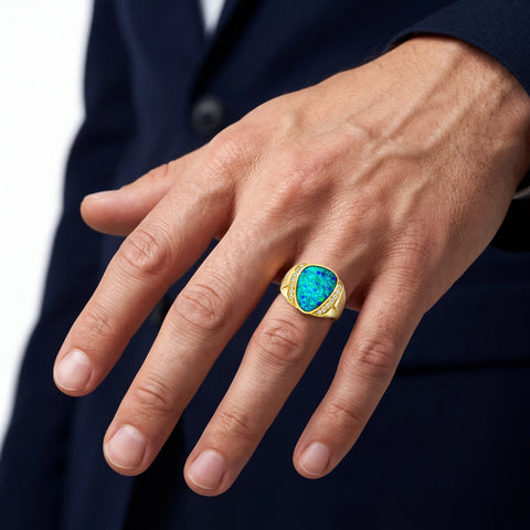 Doublet Opal Men's Ring in 14K Yellow Gold - Multicolour - Australian Opal Cutters and Pearl Divers