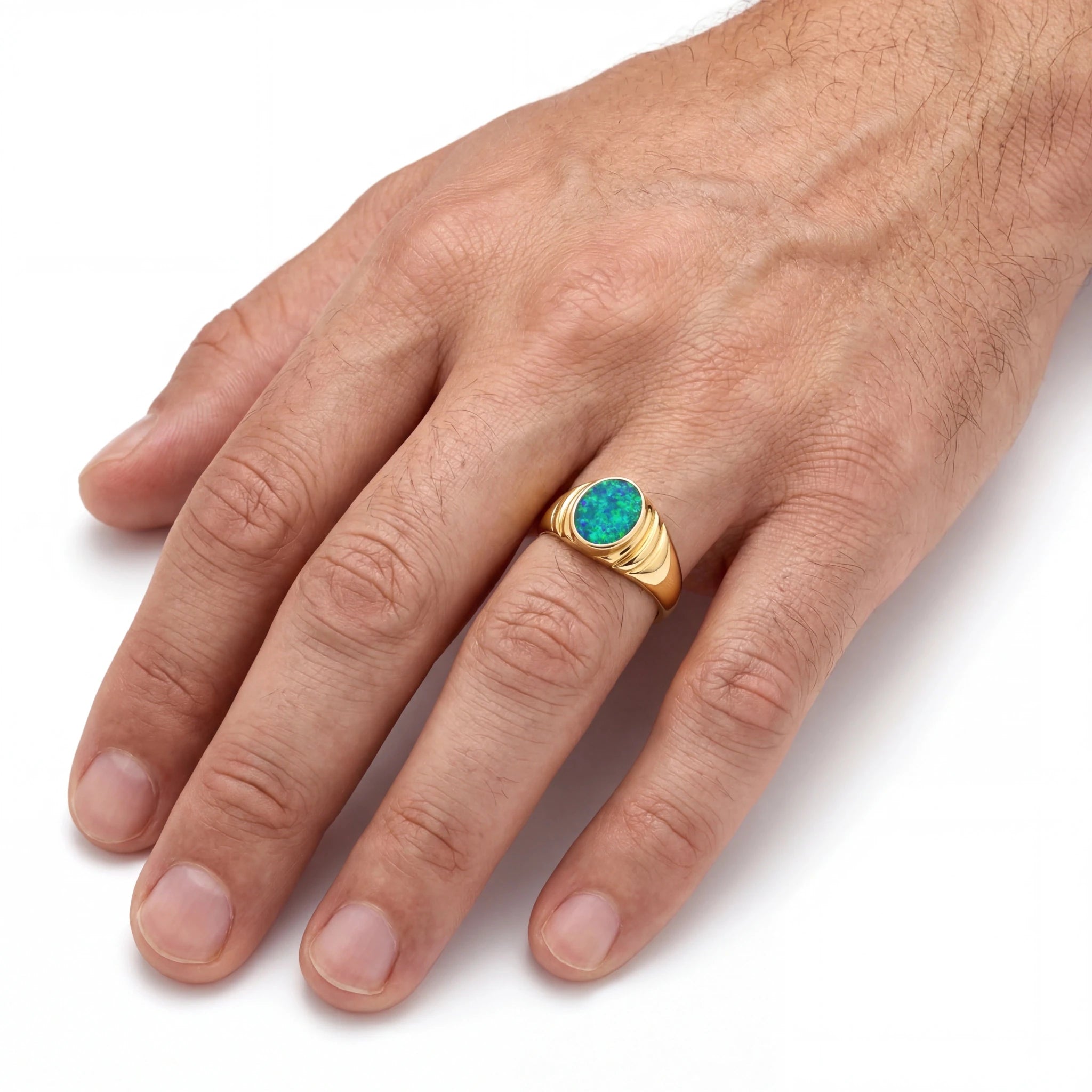 Doublet Opal Men's Ring in 14K Yellow Gold - Multicolour - Australian Opal Cutters and Pearl Divers