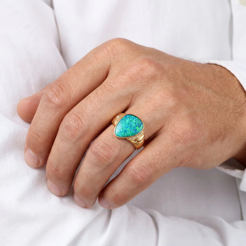 Doublet Opal Men's Ring in 14K Yellow Gold - Multicolour - Australian Opal Cutters and Pearl Divers
