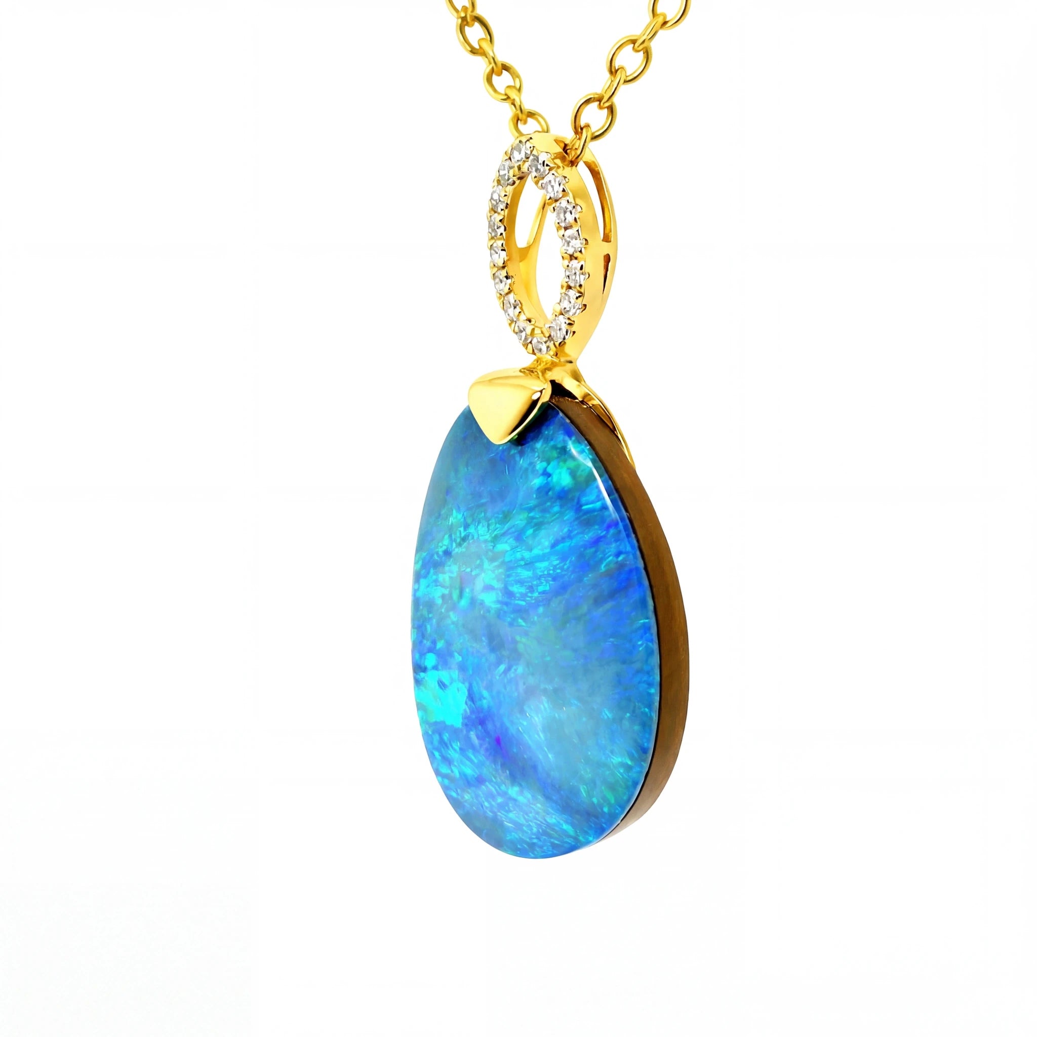 Doublet Opal Pendant in 10K Yellow Gold - Green-Blue - Australian Opal Cutters and Pearl Divers