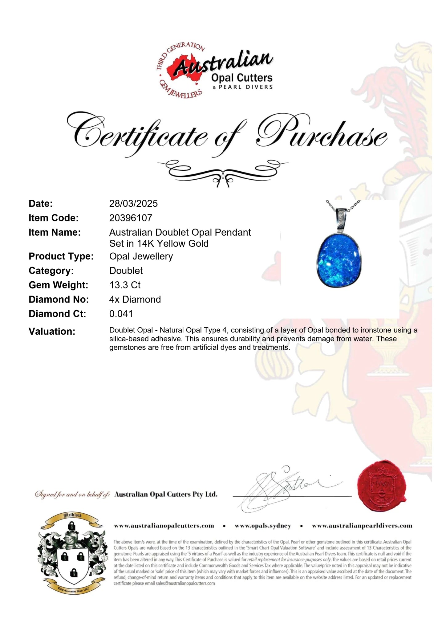 Doublet Opal Pendant in 14K White Gold - Green-Blue - Australian Opal Cutters and Pearl Divers