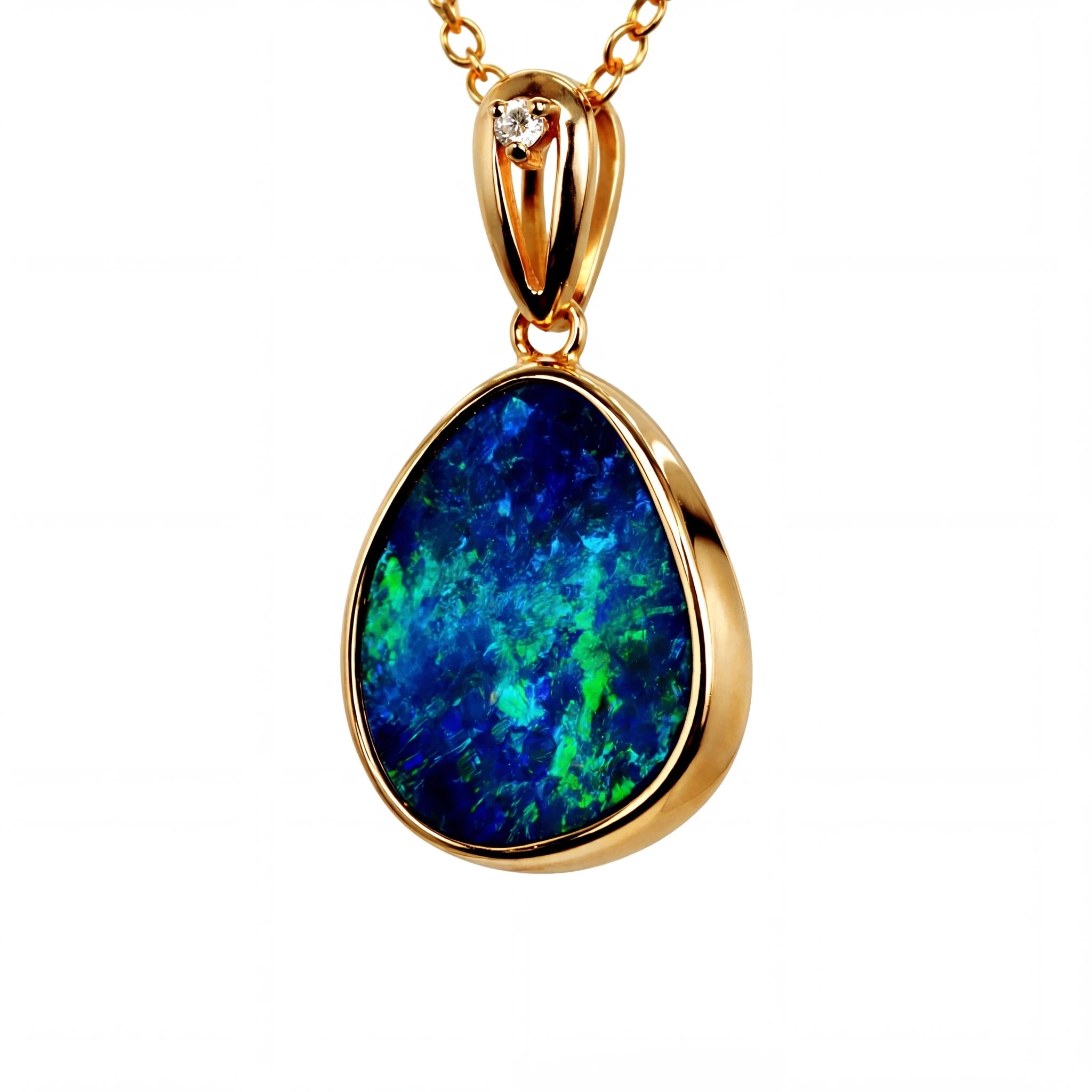 Doublet Opal Pendant in 14K Yellow Gold - Green-Blue - Australian Opal Cutters and Pearl Divers