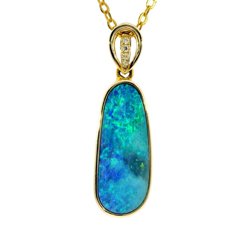 Doublet Opal Pendant in 14K Yellow Gold - Green-Blue - Australian Opal Cutters and Pearl Divers