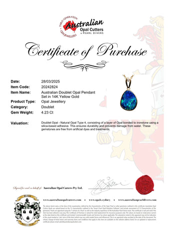 Doublet Opal Pendant in 14K Yellow Gold - Green-Blue - Australian Opal Cutters and Pearl Divers