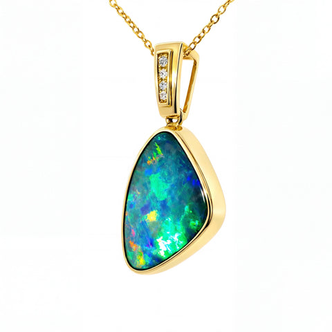 Doublet Opal Pendant in 14K Yellow Gold - Multicolour - Australian Opal Cutters and Pearl Divers
