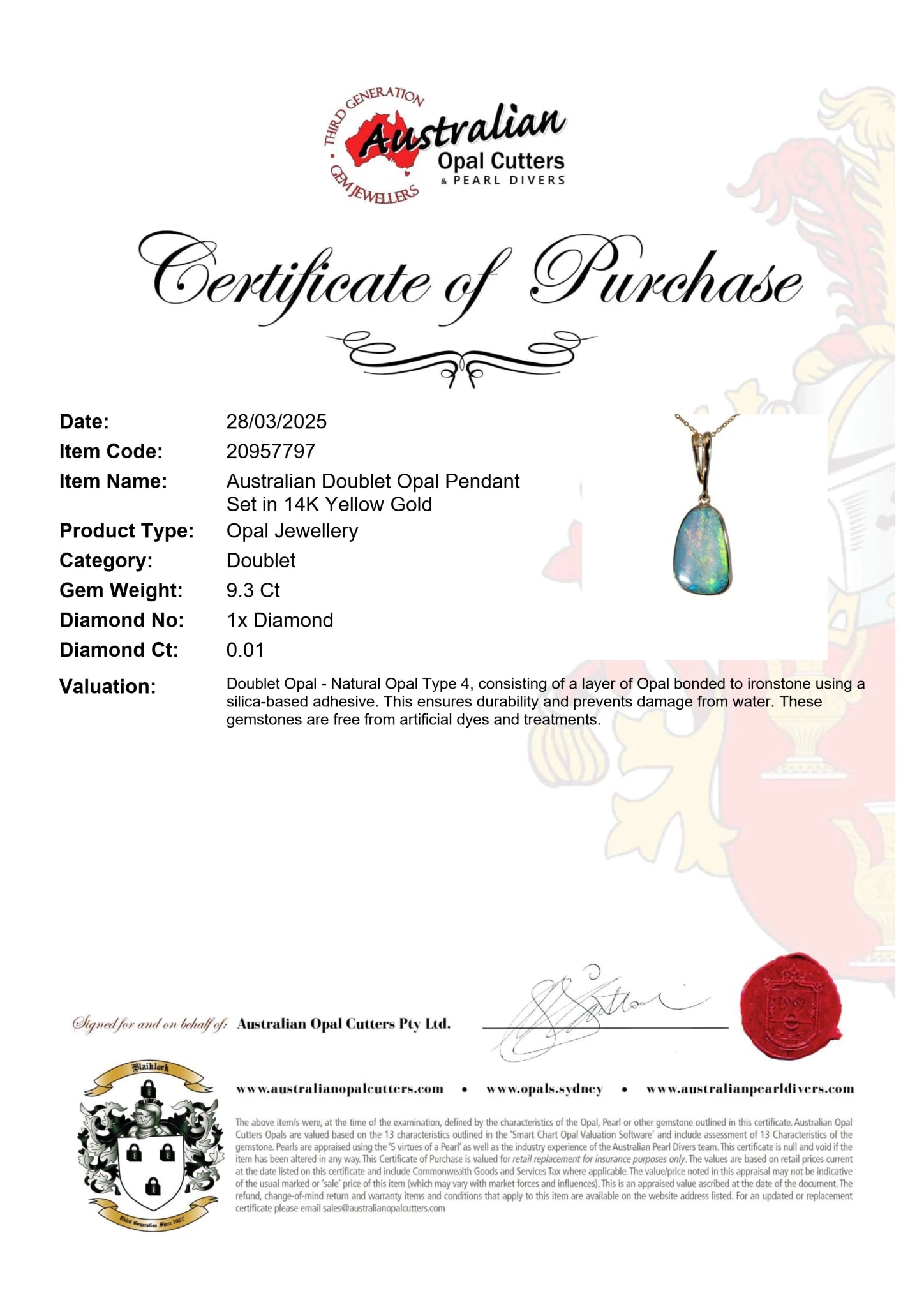 Doublet Opal Pendant in 14K Yellow Gold - Multicolour - Australian Opal Cutters and Pearl Divers