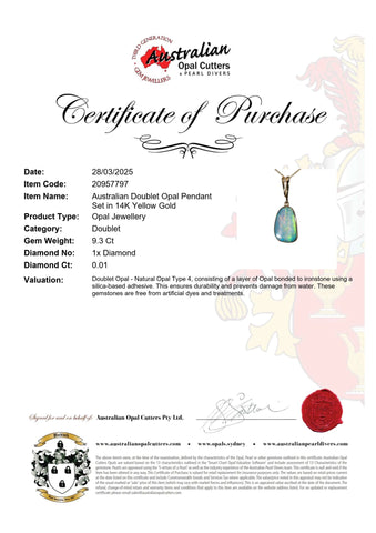 Doublet Opal Pendant in 14K Yellow Gold - Multicolour - Australian Opal Cutters and Pearl Divers