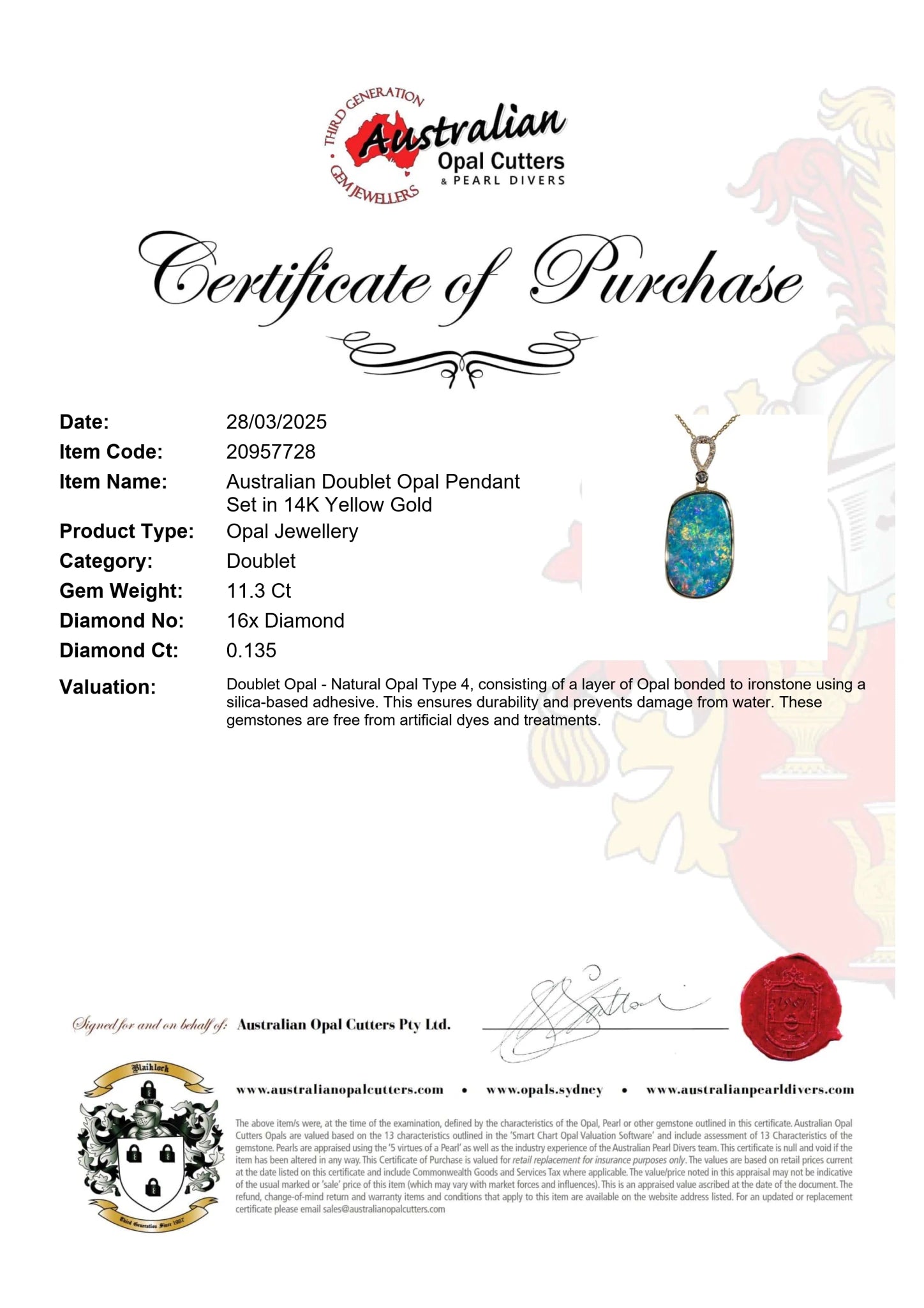 Doublet Opal Pendant in 14K Yellow Gold - Multicolour - Australian Opal Cutters and Pearl Divers