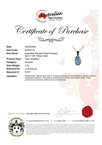 Doublet Opal Pendant in 14K Yellow Gold - Multicolour - Australian Opal Cutters and Pearl Divers