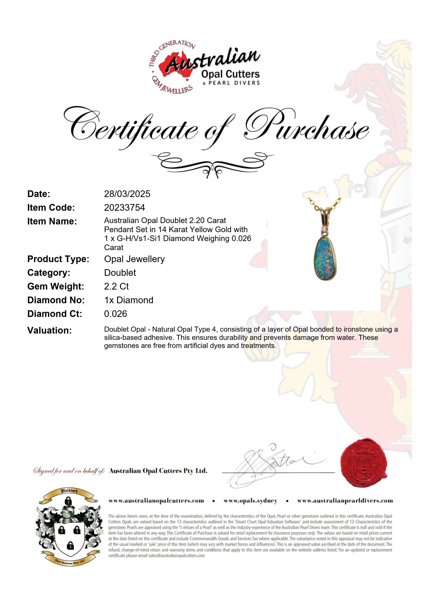 Doublet Opal Pendant in 14K Yellow Gold - Multicolour - Australian Opal Cutters and Pearl Divers