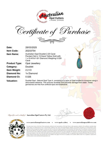 Doublet Opal Pendant in 14K Yellow Gold - Multicolour - Australian Opal Cutters and Pearl Divers