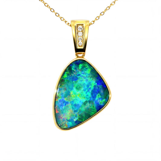 Doublet Opal Pendant in 14K Yellow Gold - Multicolour - Australian Opal Cutters and Pearl Divers
