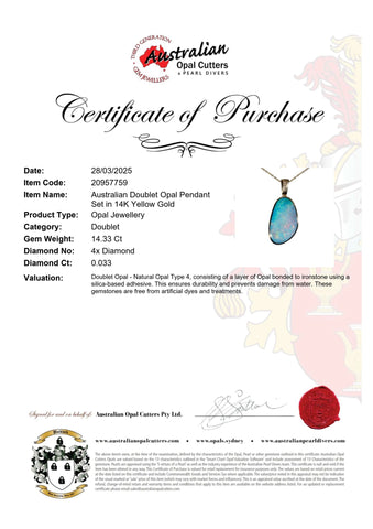 Doublet Opal Pendant in 14K Yellow Gold - Multicolour - Australian Opal Cutters and Pearl Divers