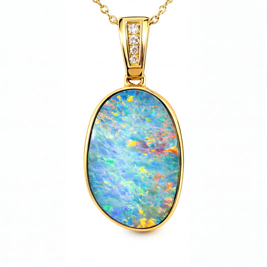 Doublet Opal Pendant in 14K Yellow Gold - Multicolour - Australian Opal Cutters and Pearl Divers