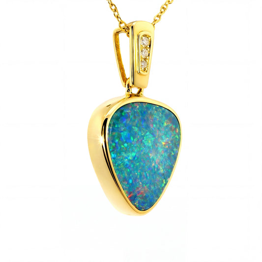 Doublet Opal Pendant in 14K Yellow Gold - Multicolour - Australian Opal Cutters and Pearl Divers