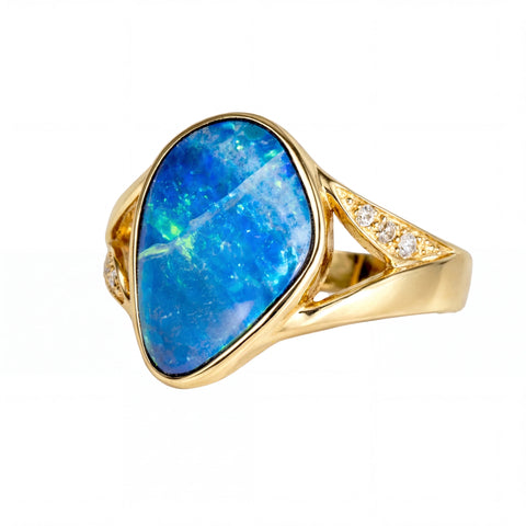 Doublet Opal Ring in 14K Yellow Gold - Green-Blue - Australian Opal Cutters and Pearl Divers