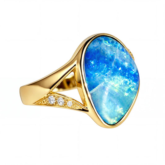 Doublet Opal Ring in 14K Yellow Gold - Green-Blue - Australian Opal Cutters and Pearl Divers