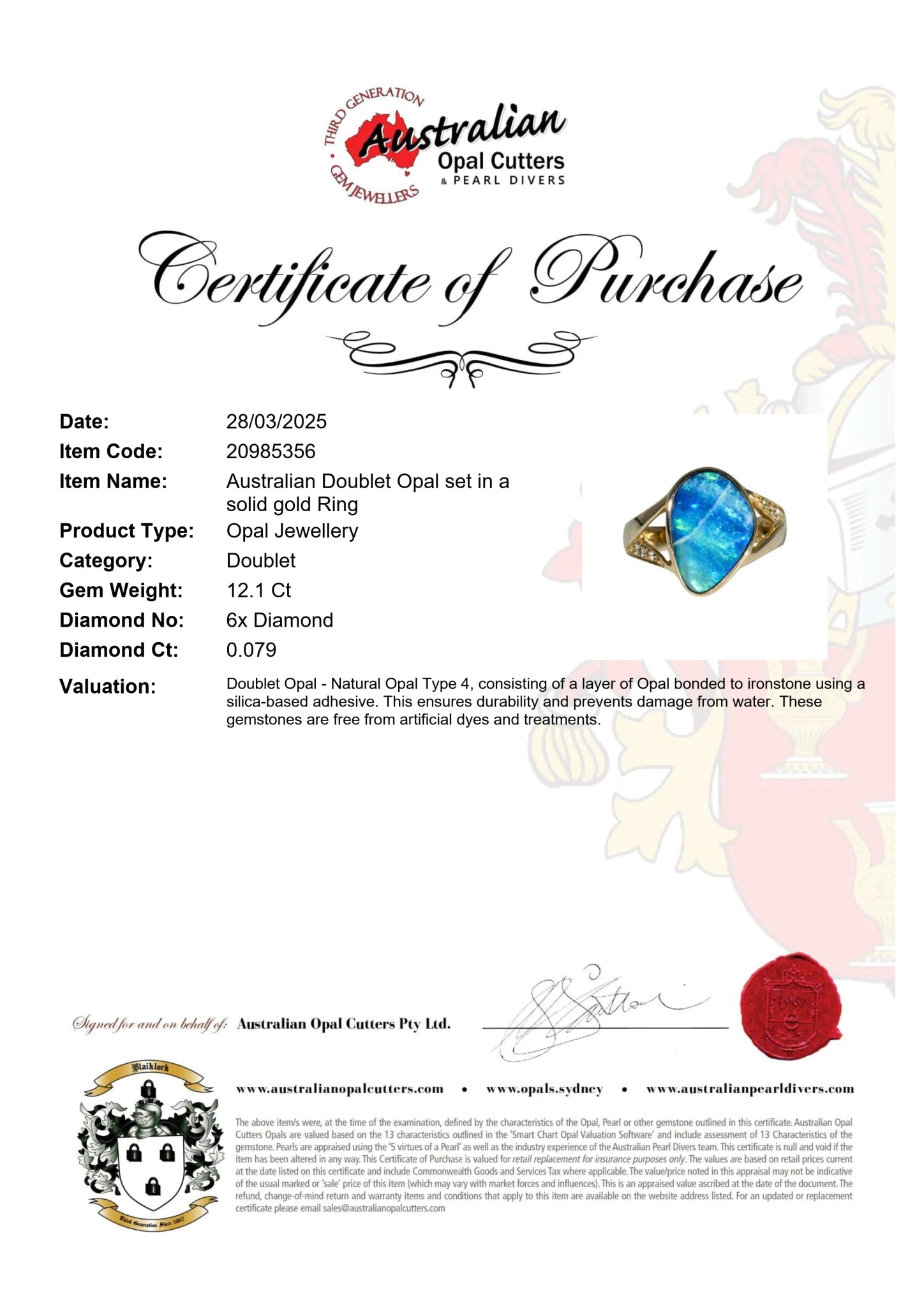 Doublet Opal Ring in 14K Yellow Gold - Green-Blue - Australian Opal Cutters and Pearl Divers