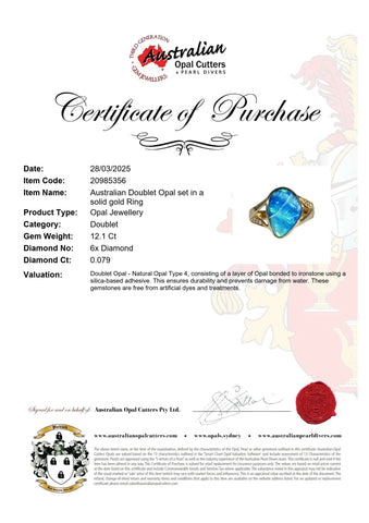 Doublet Opal Ring in 14K Yellow Gold - Green-Blue - Australian Opal Cutters and Pearl Divers