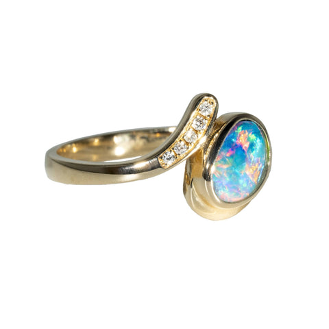 Doublet Opal Ring in 14K Yellow Gold - Multicolour - Australian Opal Cutters and Pearl Divers