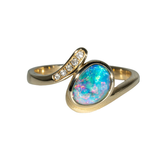 Doublet Opal Ring in 14K Yellow Gold - Multicolour - Australian Opal Cutters and Pearl Divers