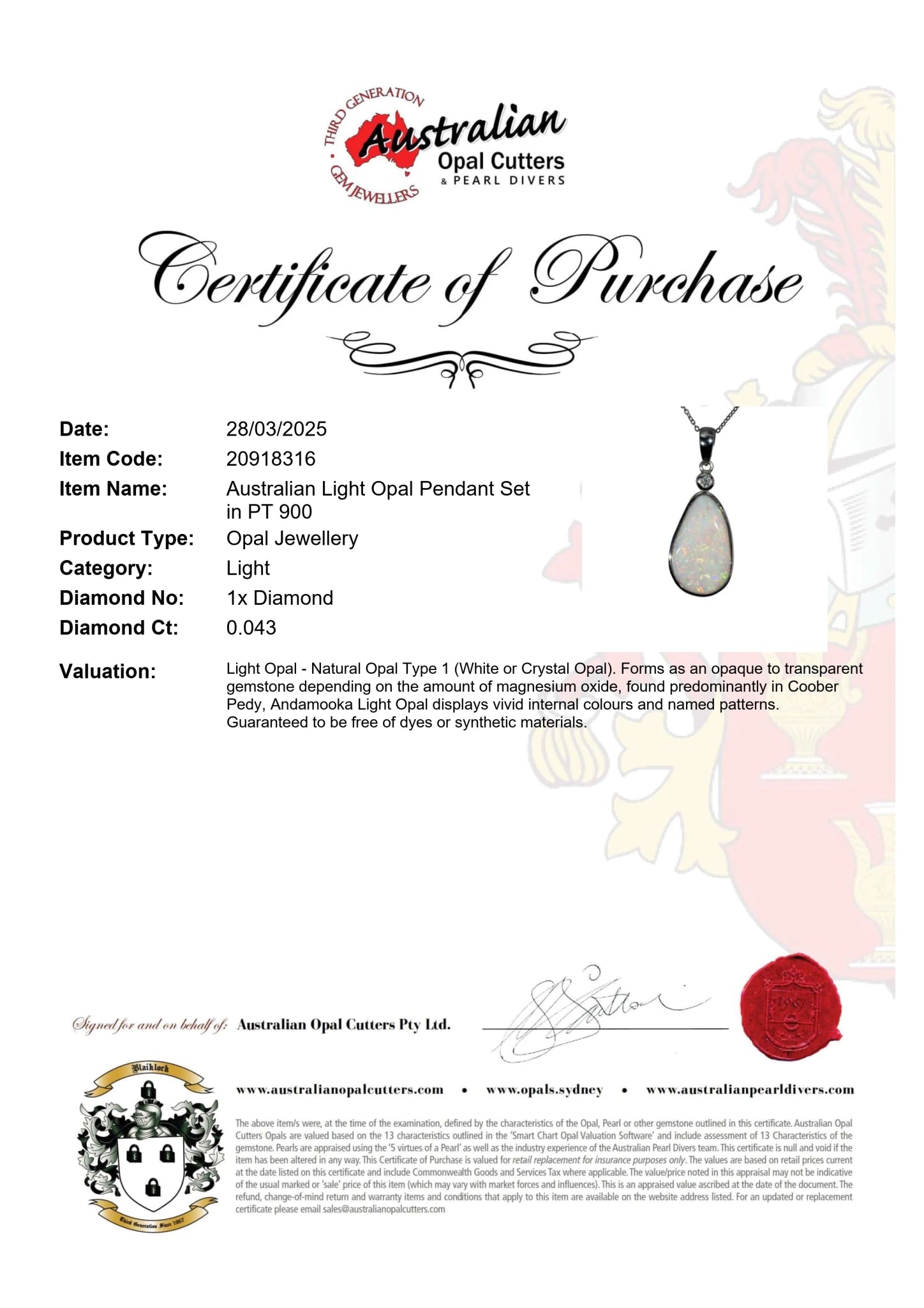 Light Opal Pendant in Platinum - Multicolour - Australian Opal Cutters and Pearl Divers