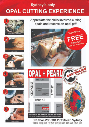 Official opal cutting tour flyer with opal cutting stages and Sydney location map