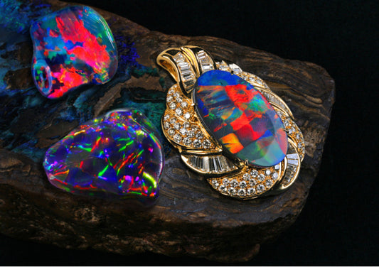 Bright polished harlequin opals and opal jewellery