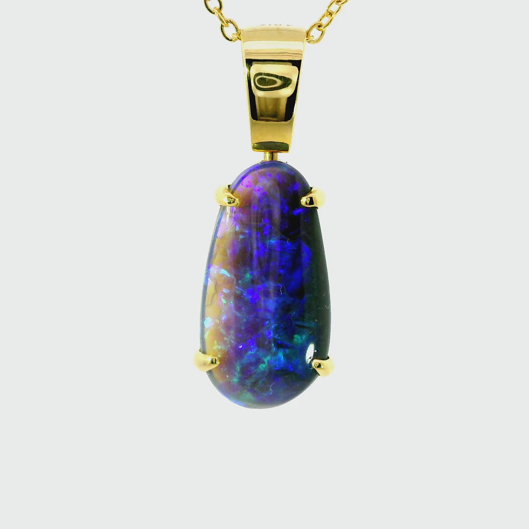 Black Opal Pendant in 18K Yellow Gold - Green-Blue