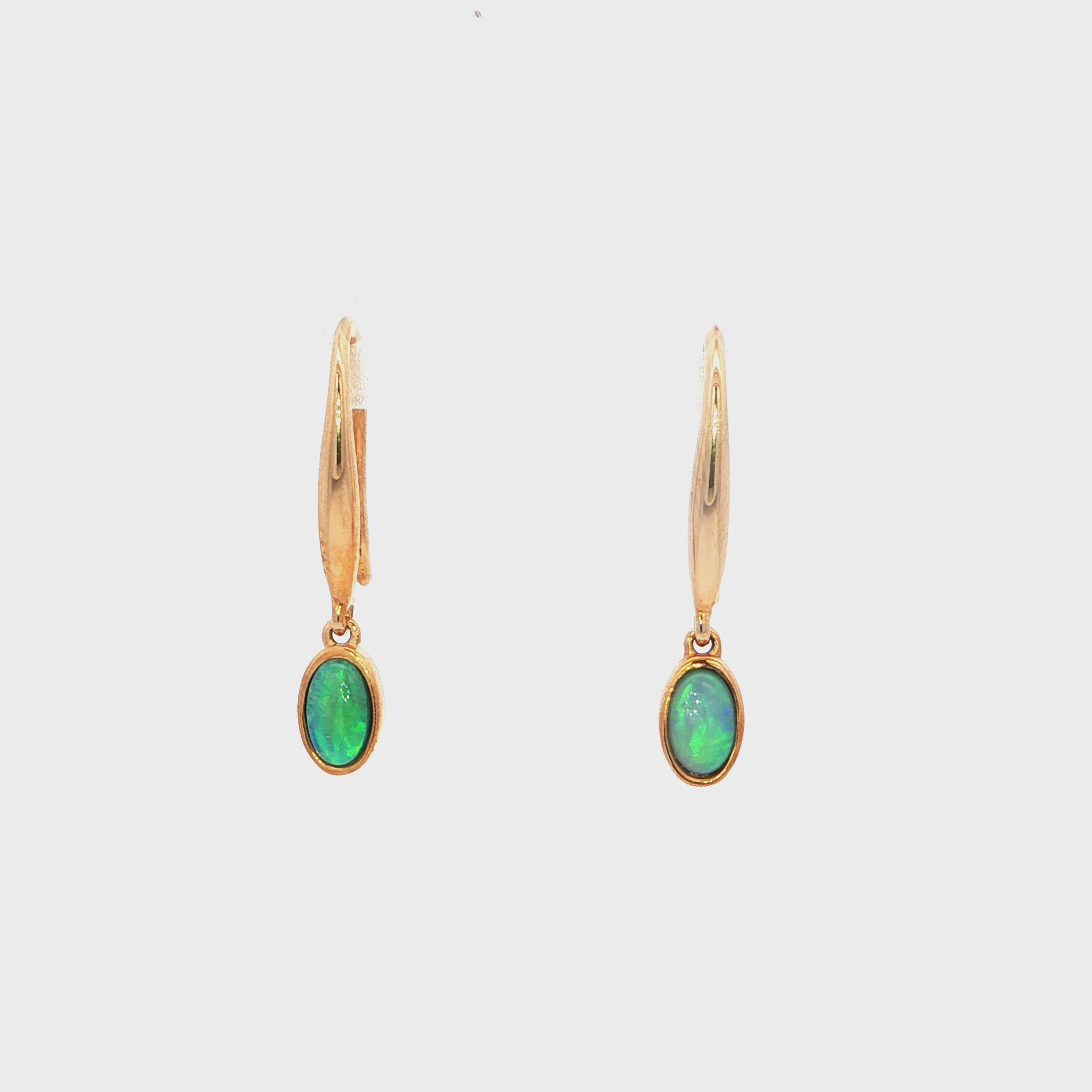 Dark Opal Earrings set in 14K Yellow Gold - Green and Blue