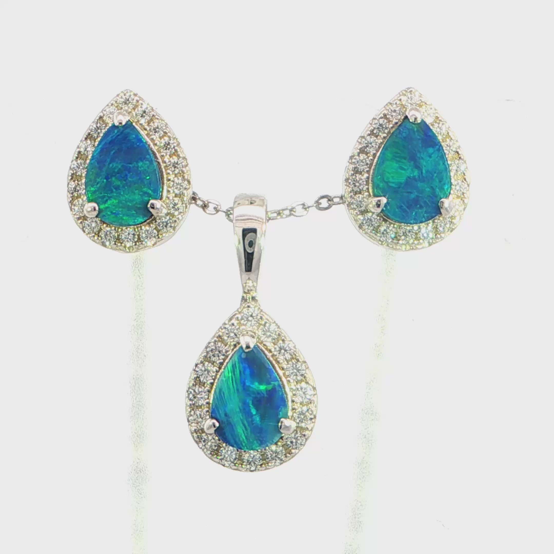 Doublet Opal Pendant and Earrings Combo Set in 925 Sterling Silver - Green and Blue